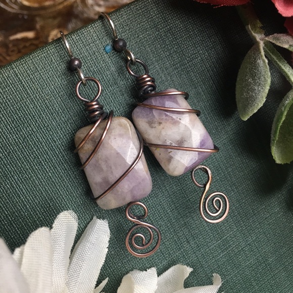 Fashion Jewelry Jewelry - Amethyst bead copper wire wrap earrings 925 silver